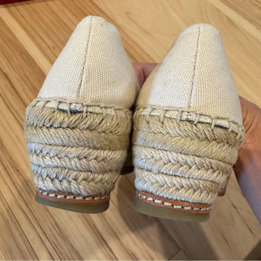 Tory Burch Beige Canvas Espadrille Flats with Black Toe Caps